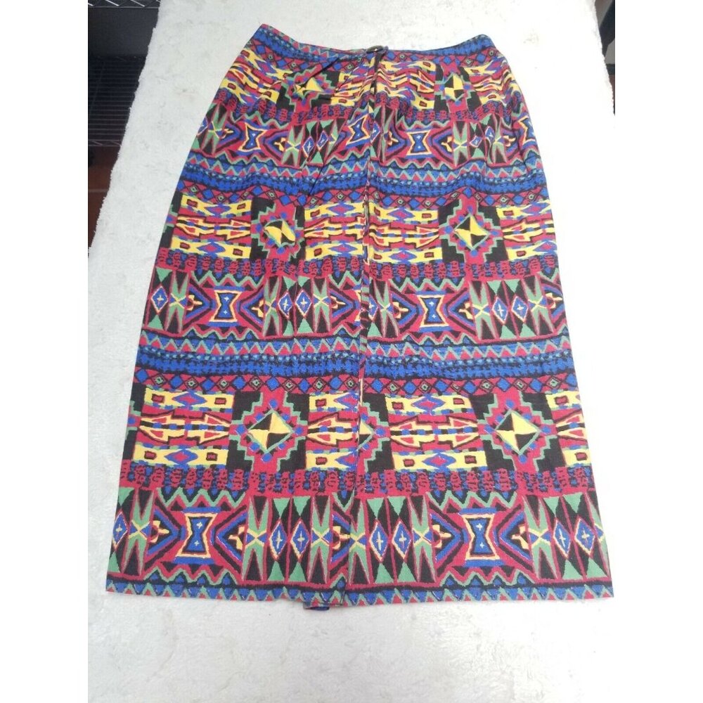 Vintage Sharon Young Womens Size 8 Geo Midi Wrap Skirt Button Snap Front Cotton